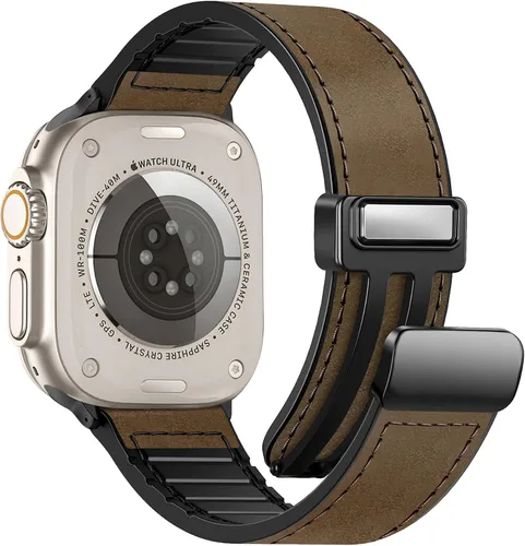 Vista 22 de Correas de cuero magnéticas compatibles con Apple Watch 42mm (Serie 10/11) 41mm 40mm 38mm para hombres y mujeres, cuero genuino con hebilla