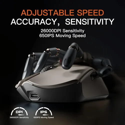 Vista 5 de Darmoshark Mouse inalámbrico para juegos M3, Tri-Mode 2.4GUSB-CBluetooth hasta 26000DPI, sensor óptico PAW3395 ligero, 2.05 oz, 5 botones