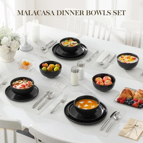 Vista 8 de MALACASA Juego de 6 cuencos de sopa de porcelana de 26 onzas, cuencos de cerámica negra para cocina, cuenco de cereales para avena, fruta, ensalada