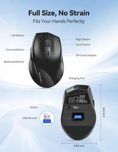 Vista 6 de TECKNET Ratón Inalámbrico Recargable, Ratón para Computadora Portátil, Ratones de Computadora USB 2.4G Inalámbricos, Ratón Ergonómico Silencioso