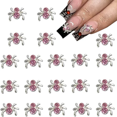 Vista 13 de Dijes de araña 3D para uñas de araña, dijes de araña plateada para uñas, incrustaciones de gemas rojas y rosas, punk, retro, diamantes de imitación