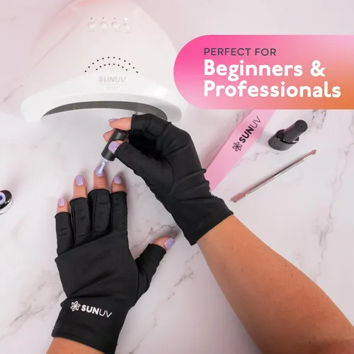 Vista 8 de SUNUV Guantes LED con luz UV para uñas de gel, guantes profesionales UPF 50+ anti UV para lámpara de uñas de gel, tecnología de uñas, color negro