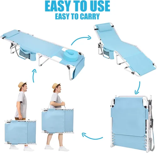 Vista 6 de Silla de bronceado resistente con orificio facial, ajustable, 5 posiciones, tumbonas plegables para exteriores, portátiles, planas, para la playa