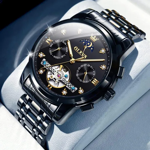 Vista 2 de OLEVS Men Automatic Watch Skeleton Moon Phase Dial Luxury Dress Stainless Steel Strap 5 Hands Diamond Men Wrist Watches