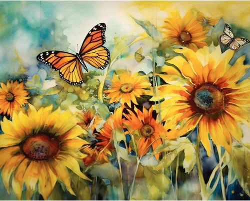 Vista 2 de Tucocoo Kits de pintura de paisaje de girasoles por números con pinceles y pigmento acrílico sobre lienzo para adultos, patrón de mariposas y flores