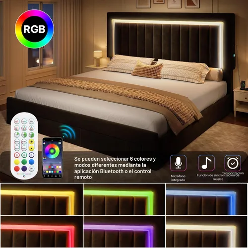 Vista 3 de YITAHOME Base de cama tamaño Queen con cabecera ajustable, 4 cajones de almacenamiento y luces LED RGB, cama de plataforma tapizada de terciopelo