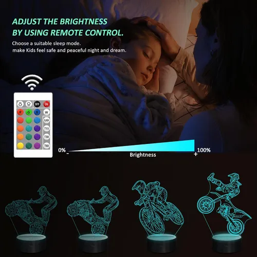 Vista 3 de Ammonite - Regalos de Moto de Tierra para Niños, Luz Nocturna de Ilusión 3D Motocross para Niños (3 Patrones) con Control Remoto y 16