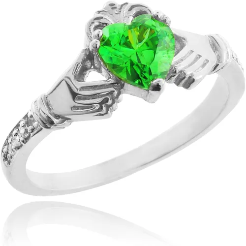 Vista 2 de Anillo Claddagh de oro blanco de 14 quilates con forma de corazón verde CZ con piedras naturales