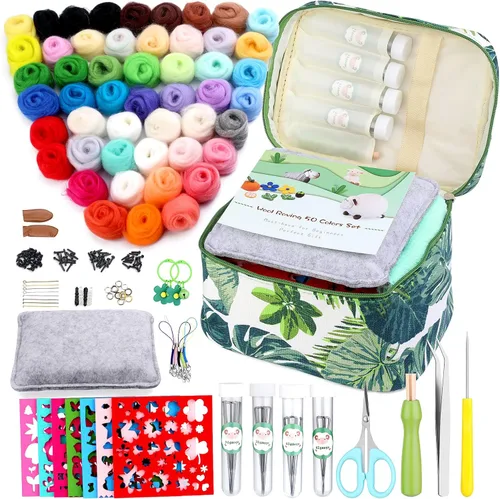 Vista 11 de IMZAY Kit de fieltro de aguja, kit de iniciación de fieltro de aguja con exquisita bolsa de almacenamiento verde, juego de 18 colores de lana, kit