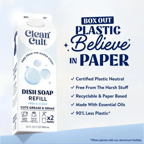 Vista 2 de Cleancult Repuesto líquido de jabón para platos (32 onzas, 1 unidad) – Poder de limpieza a base de plantas – Jabón para platos que corta la grasa