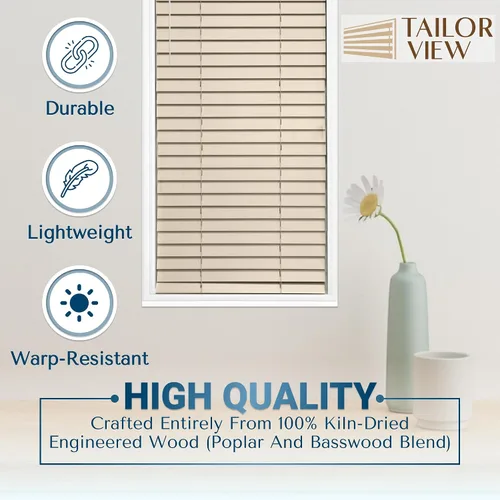Vista 4 de TailorView Cortinas de ventana horizontales de madera personalizables sin cordón - Paletas de 2 pulgadas - Alabastro - Montaje interior o exterior.