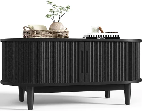 Vista 8 de LINSY HOME - Mesa de centro redonda, mesa de centro de 31.5" con puerta de tambor deslizante, mesa auxiliar acampanada con almacenamiento, mesa