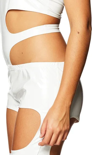 Vista 2 de Body elástico con tiras de elementos futuristas para mujer con recortes, Blanco