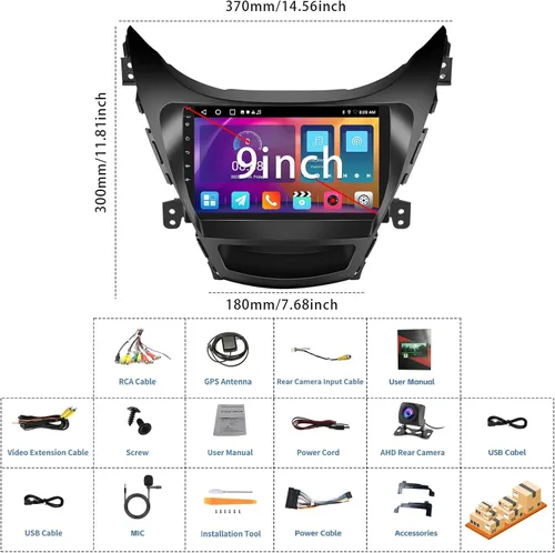 Vista 8 de Estéreo de coche Android 2+64G para Hyundai Elantra 2011 2012 2013 Carplay inalámbrico Android Auto 9 pulgadas pantalla táctil Bluetooth GPS WiFi