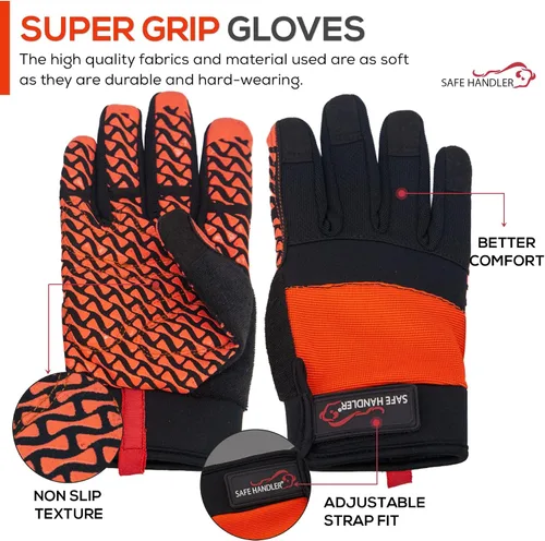 Vista 5 de SAFE HANDLER Guantes Super Grip Palma de agarre texturizada, textura antideslizante, correa de muñeca con gancho y bucle, negro/naranja, S/M, 1