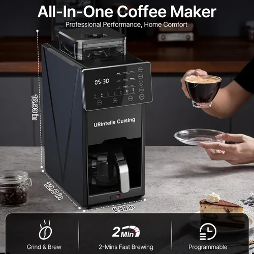 Vista 8 de Cafetera de cocina URintells con molinillo, máquina programable automática Negro mate