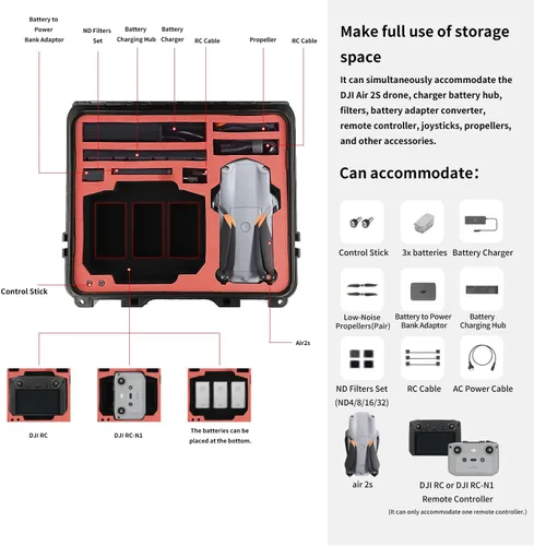 Vista 3 de Mavic Air 2 - Funda rígida de transporte para DJI Air 2/2S Drone y accesorios, impermeable, a prueba de golpes, protección completa