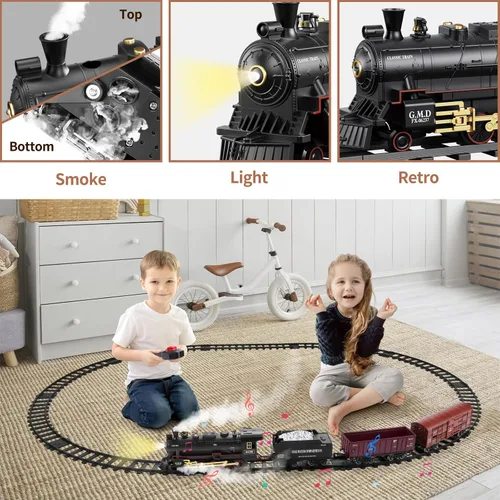 Vista 5 de Juego de tren con control remoto, pista de tren eléctrico alrededor del árbol de Navidad con vehículo de carga, luz y sonidos, locomotora de vapor