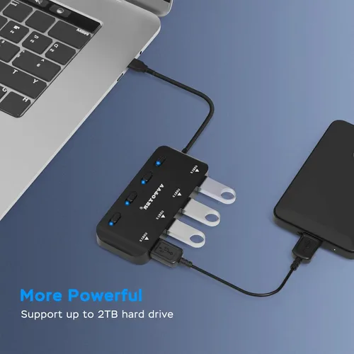 Vista 6 de Hub USB 3.0 de 4 puertos, divisor de concentrador USB portátil VVTOYER para laptop, con interruptor de alimentación individual y adaptador USB-C