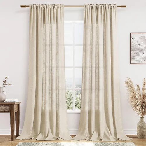 Vista 117 de Cortinas de lino verde aguamarina de 84 pulgadas de largo, juego de 2 paneles semitransparentes con bolsillo para barra para comedor, decoración