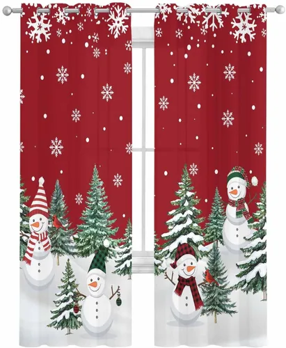 Vista 2 de Cortinas traslúcidas de muñeco de nieve de Navidad de 84 pulgadas de largo, juego de 2 paneles de cortinas para cocina, dormitorio, sala de estar