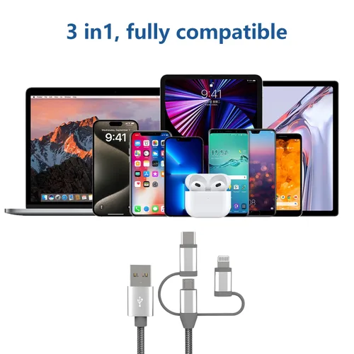Vista 7 de Adaptador de cable de carga 3 en 1, Lightning certificado MFi de Apple, tipo C, cable micro USB, compatible con iPhone 16/15/14, iPad, Huawei, HTC