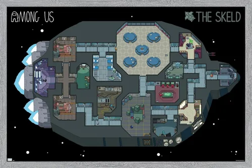 Vista 17 de Among Us - Póster de pared Skeld Map, 22.4 pulgadas de largo x 14.7 pulgadas de ancho, versión enmarcada de madera de granero