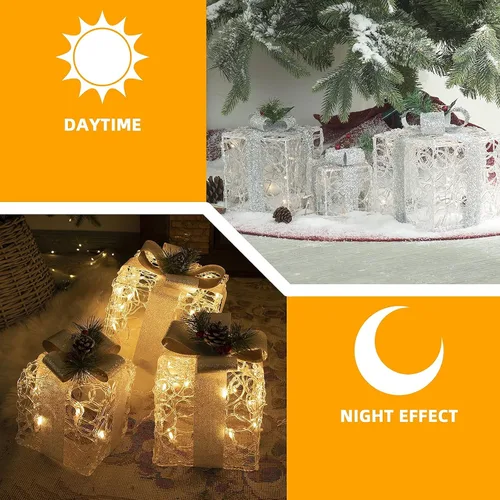 Vista 6 de PEIDUO Cajas de regalo iluminadas de Navidad, juego de 3, decoraciones de regalo al aire libre, paquetes debajo del árbol para interiores, fiestas