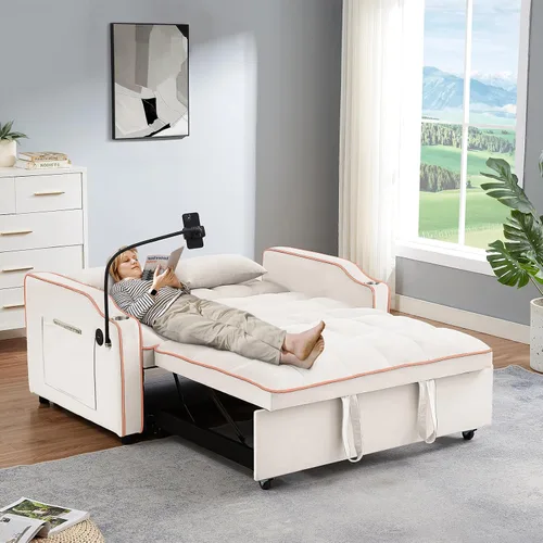 Vista 6 de Antetek Sofá cama con puerto USB y tipo C, moderno sofá biplaza convertible 3 en 1 de terciopelo extraíble con soporte para teléfono/portavasos