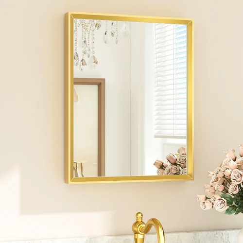 Vista 69 de TETOTE Espejo de baño dorado cepillado de 20" x 30", espejo de tocador de baño rectangular de latón dorado cepillado con marco biselado para sobre