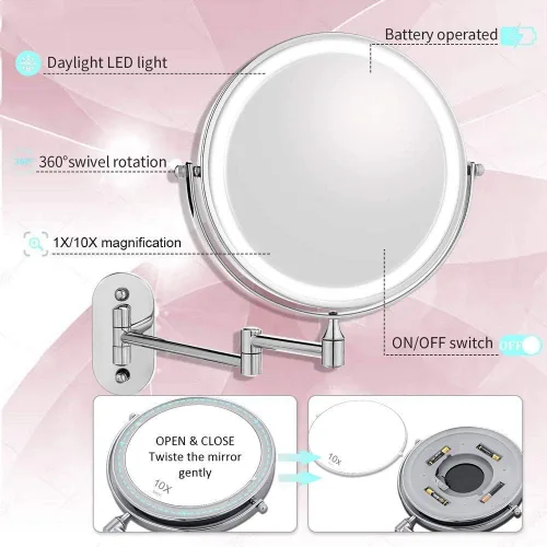 Vista 4 de Espejo de maquillaje con iluminación LED, funciona con pilas, aumento de 1x/10x, 8 pulgadas, luz ajustable con botón táctil, cromo pulido