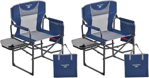 Vista 30 de SUNNYFEEL Silla de Directores de Camping, Silla Plegable Portátil de Gran Tamaño con Mesa Lateral, Bolsillo para Playa, Pesca, Viaje, Picnic