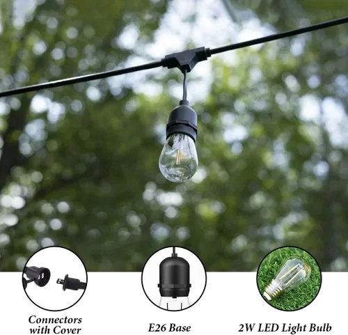 Vista 4 de Guirnalda de luces LED de 96 pies, IP65 impermeable, luces de patio al aire libre con 30 bombillas Edison inastillables, luces colgantes conectables