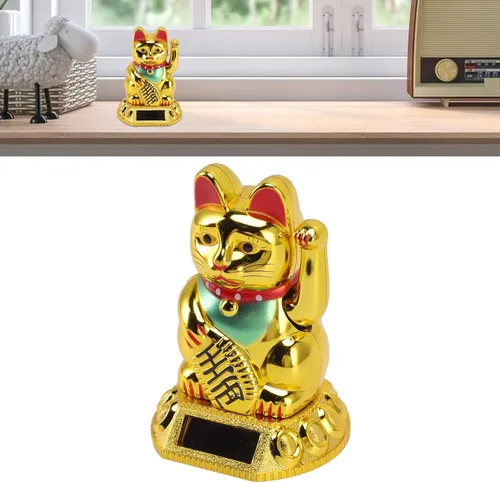 Vista 2 de Fortuna alimentada por energía solar, dando la bienvenida saludando riqueza fortuna gatos Fung Shui Cat para oficina en casa y negocios ()