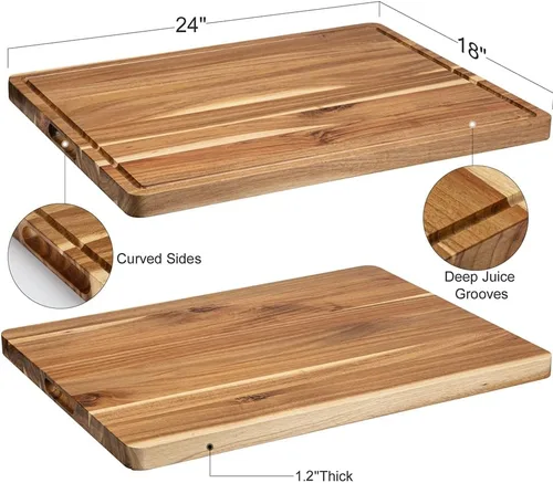 Vista 2 de Tabla de cortar de madera para cocina, tabla de cortar grande de 24 x 18 pulgadas con ranura para jugo y mango lateral, tabla de cortar, bloque