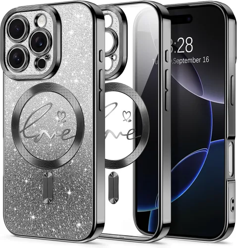 Vista 7 de Hython Funda para iPhone Air con purpurina, compatible con MagSafe Love Heart fundas magnéticas transparentes para teléfono para mujeres y niñas
