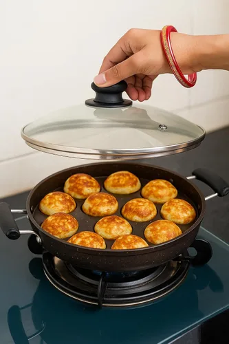 Vista 2 de G & D GD Appam Patra Appam - Molde antiadherente con tapa de cristal, para panqueques Appa Chetty Paniyaral, 12 cavidades de diámetro de 9 pulgadas