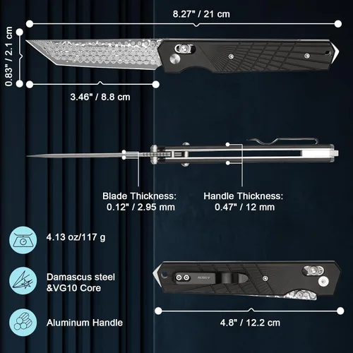 Vista 2 de AUBEY Damascus Axis Lock - Cuchillo de bolsillo con bloqueo de barra transversal de 3.46 pulgadas, cuchillos plegables con clip para hombres y Mango