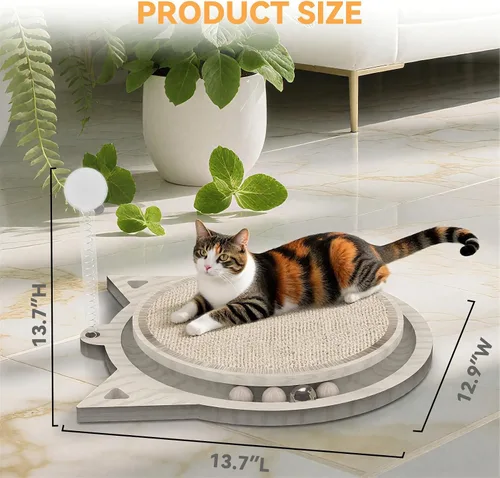 Vista 5 de Tablero rascador para gatos con sisal natural, juguete interactivo para gatos con bola de resorte, almohadilla rascador duradera para gatos