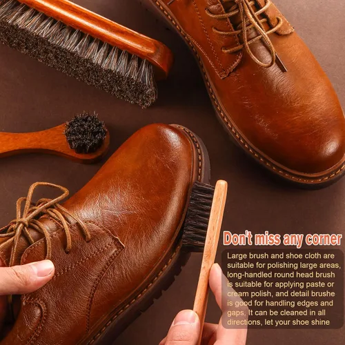 Vista 4 de Kit de 4 cepillos para zapatos de pelo de caballo, aplicadores de limpieza de piel, botas, cepillos de cuidado de gamuza con paño de microfibra