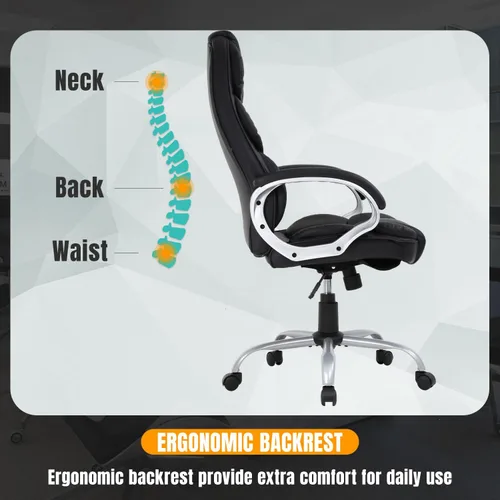 Vista 10 de Silla de oficina ergonómica con respaldo alto de cuero para oficina y escritorio de computadora O10, Negro