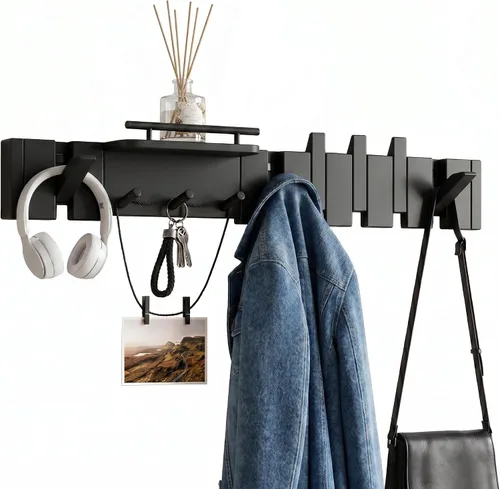 Vista 14 de Gancho plegable de nogal moderno de mediados de siglo con estante, ganchos de madera resistentes para toallas ocultos para baño, estante de pared