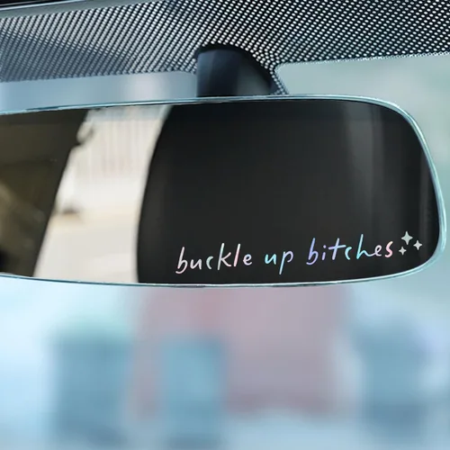 Vista 5 de 2 calcomanías con el texto “Buckle Up” para espejo retrovisor, calcomanía de vinilo divertida y bonita para el auto