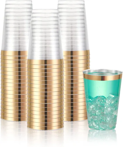 Vista 6 de N9R 60 platos de postre de plástico dorado con tenedores y 72 vasos de plástico dorados