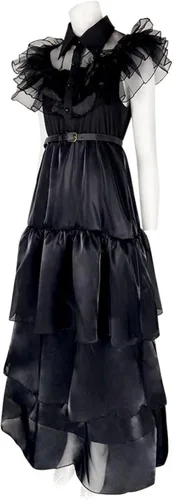Vista 2 de Hqroidd Vestido de Wednesday Addams para mujer, disfraz de fiesta de graduación, falda de tul de malla negra con cinturón, disfraz de Halloween