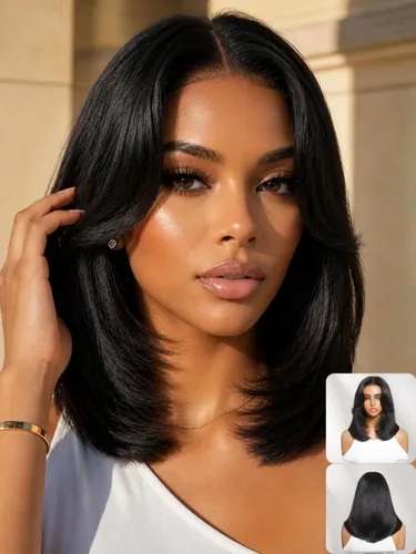 Vista 20 de Nadula Yaki - Peluca de cabello humano lacio estilo Bob con cordón y capas de enmarcar la cara, densidad del 180%, sin pegamento, 7x5 Bye Bye Knots