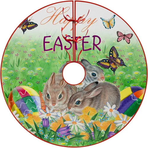 Vista 18 de Falda de árbol de Pascua, huevos de conejo de Pascua, falda de árbol de Navidad, tapete para fiestas de vacaciones, decoración de interiores