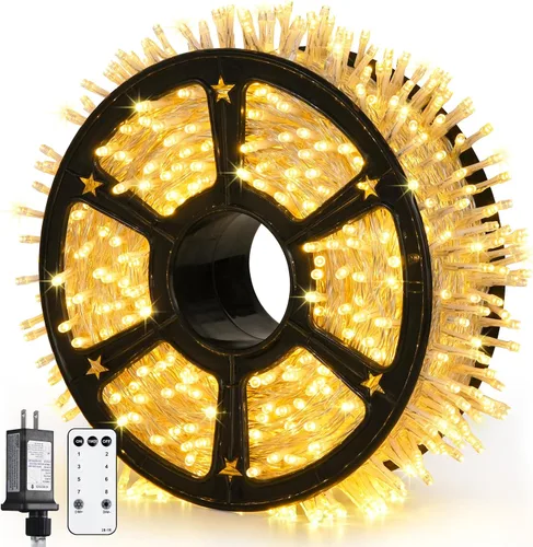 Vista 30 de JMEXSUSS 150 luces LED azules de Navidad para interiores y exteriores, luces de cadena conectables de 59 pies con enchufe, 8 modos de luces de hadas