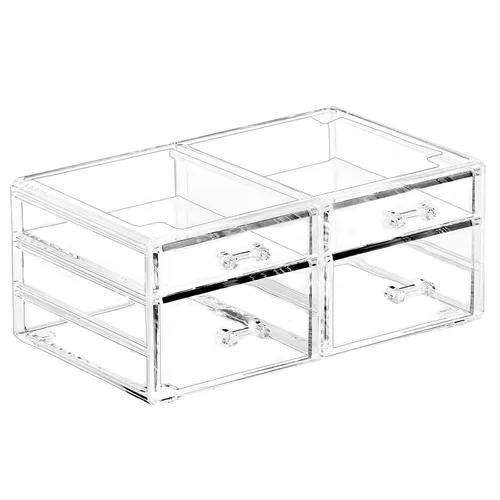 Vista 8 de Cq acrylic Organizador de maquillaje apilable con 3 cajones, organizador de cajones transparente para mostrador de tocador, organizador