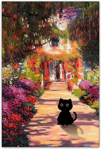 Vista 17 de CAXIYSH Arte de pared de gato negro Monet, póster de lirios acuáticos, vintage, divertido, floral, gato, lienzo, pinturas famosas, impresiones
